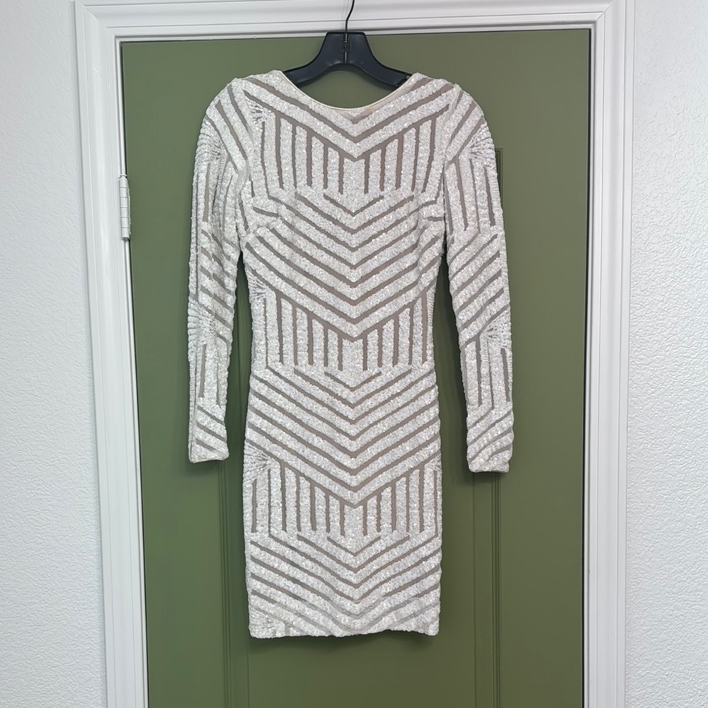 Dress the Population White and Silver Long Sleeve Dress